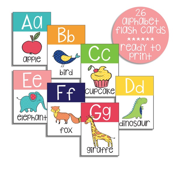 Printable Alphabet Flash Cards, Colorful ABC cards, teaching tool, preschool, elementary classroom decor, homeschool, instant download