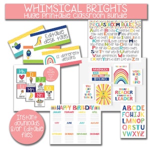 Colorful Classroom Decor Bundle, Elementary Teacher Art, Class Birthday Chart, ABC Flash Cards, Alphabet Printable Decor, Editable Desk Tags