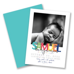 Anuncio de nacimiento de niño recién nacido, anuncio de foto, colorido brillante, 5x7 pulgadas, servicio de archivo completo, tarjeta de estadísticas de nacimiento de recién nacido, personalizado