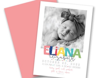 Colorful Baby Announcement Card • 5x7 inch Printable Photo birth announcement • Newborn Stats • Photo card template • instant download