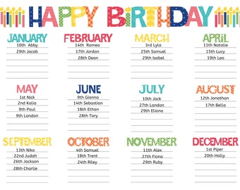 Editable Bright Classroom Birthday Chart, Colorful Class Bulletin Board, Preschool, Elementary, Instant Downloads, Teacher Printables