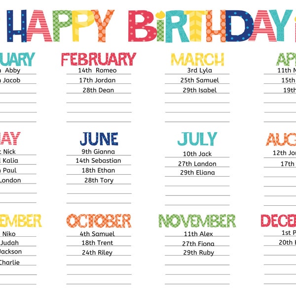 Editable Bright Classroom Birthday Chart, Colorful Class Bulletin Board, Preschool, Elementary, Instant Downloads, Teacher Printables