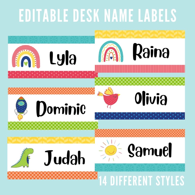 Editable Desk Name Labels, Name Plates, Instant Downloads, Bright