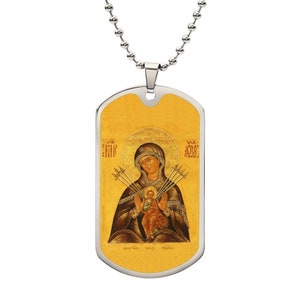 Our Lady of Sorrows dog tag necklace, Mother of Sorrows orthodox icon