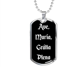 Collana con piastrina per cani con scritta Ave Maria in latino