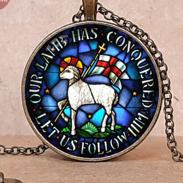 Lamb of God Agnus Dei icon pendant necklace or keychain, Our Lamb Has Conquered Let Us Follow Him, Lamb of God necklace, Lamb of God pendant