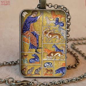 Adam Naming the Animals in the Garden of Eden pendant necklace keychain, illuminated manuscript Aberdeen Bestiary, Godson Goddaughter gift