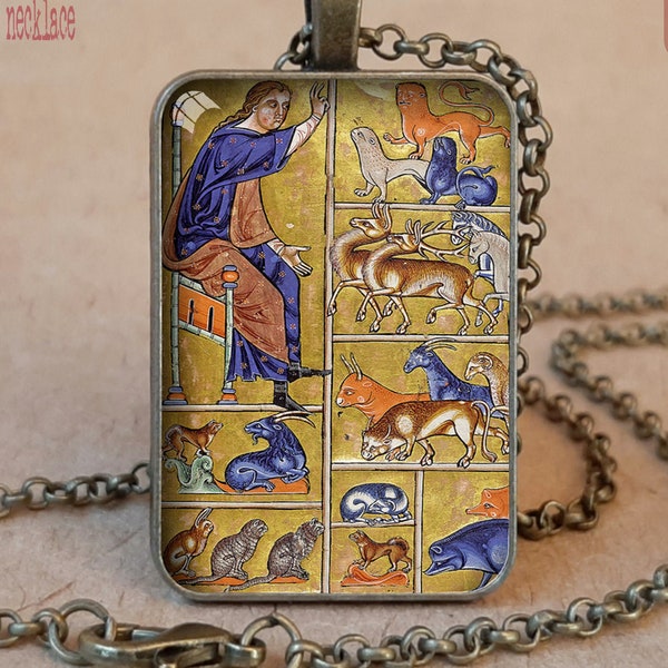 Adam Naming the Animals in the Garden of Eden pendant necklace keychain, illuminated manuscript Aberdeen Bestiary, Godson Goddaughter gift