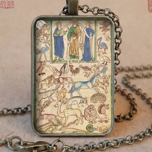 Adam Naming the Animals in the Garden of Eden pendant necklace or keychain, Illuminated manuscript, Catholic jewelry, Manuscript jewelry