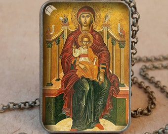 Panagia Pantanassa Most-Holy Queen of All orthodox icon pendant necklace or keychain, Mary and baby Jesus Theotokos enthroned Orthodox icon