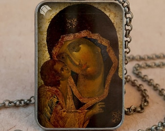 Virgin Mary and Baby Jesus Orthodox icon pendant necklace or keychain, Theotokos Tenderness icon, Theotokos Eleusa Theophanes the Greek icon