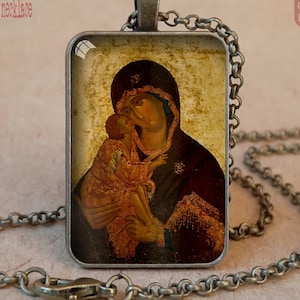 Mary and baby Jesus Showing Mercy orthodox icon pendant necklace or keychain, Theotokos Eleusa icon Theophanes the Greek, Virgin Tenderness