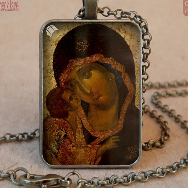 Virgin Mary and Baby Jesus Orthodox icon pendant necklace or keychain, Theotokos Tenderness icon, Theotokos Eleusa Theophanes the Greek icon