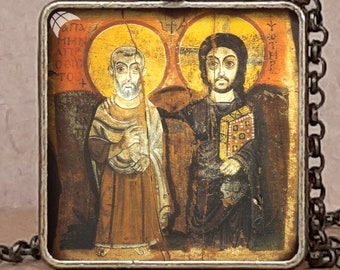 Christ and Abbot Menas orthodox icon necklace, Abbot Saint Menas icon, Christ Abba Menas icon, Saint Menas Abbot Coptic icon, Encaustic icon