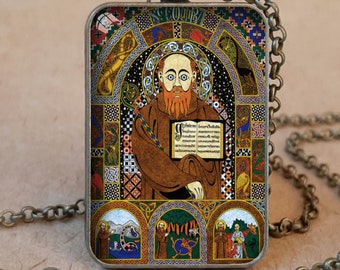 Colgante/llavero con icono de Santa Columba de Iona, bronce antiguo/plata, bandeja rectangular