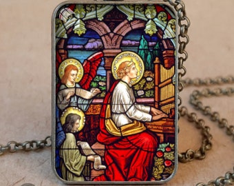 Saint Cecilia stained glass pendant necklace / keychain, St Cecilia Catholic icon, Patron Saint of Music, Patron of Musicians, Patron Poets