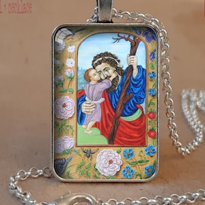 St Christopher necklace, Book of Hours St Christopher Patron Saint of Travelers, St Christopher medal, St Christopher protection keychain