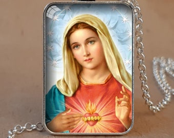 Virgin Mary necklace, Immaculate Heart of Mary pendant or keychain,  Catholic Jewelry Devotion gift