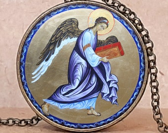 Angel symbol of St Matthew the Evangelist Byzantine icon pendant necklace or keychain, Angel with Gold Book Orthodox icon pendant necklace