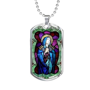 Virgin with the seven spades in Her Heart, Our Lady of Sorrows, Mother of Sorrows, Seven Sorrows of Mary dog tag pendant necklace, Catholic