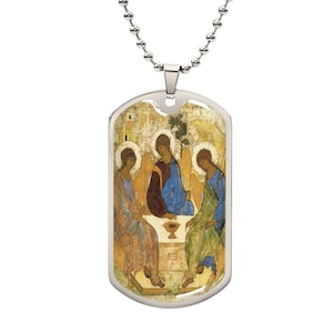 Andrei Rublev Dreifaltigkeits Ikonen Hundemarke Halskette, Ikone der Heiligen Dreifaltigkeit, Halskette der Heiligen Dreifaltigkeit, Anhänger der Heiligen Dreifaltigkeit, Altes Testament Ikone der Heiligen Dreifaltigkeit