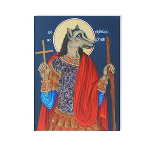 May include: A painting of a wolf-like creature in a red robe and armor, holding a cross and a staff. The painting is on a blue background with the text "SAINT CHRISTOPHER" at the top.