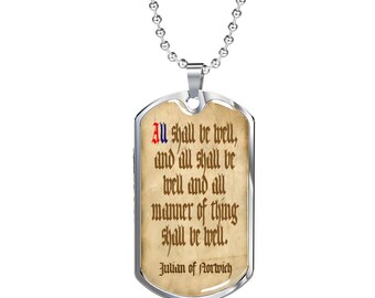 Julian av Norwich Allt ska bli väl hundbricka halsband, inspirerande citatsmycken