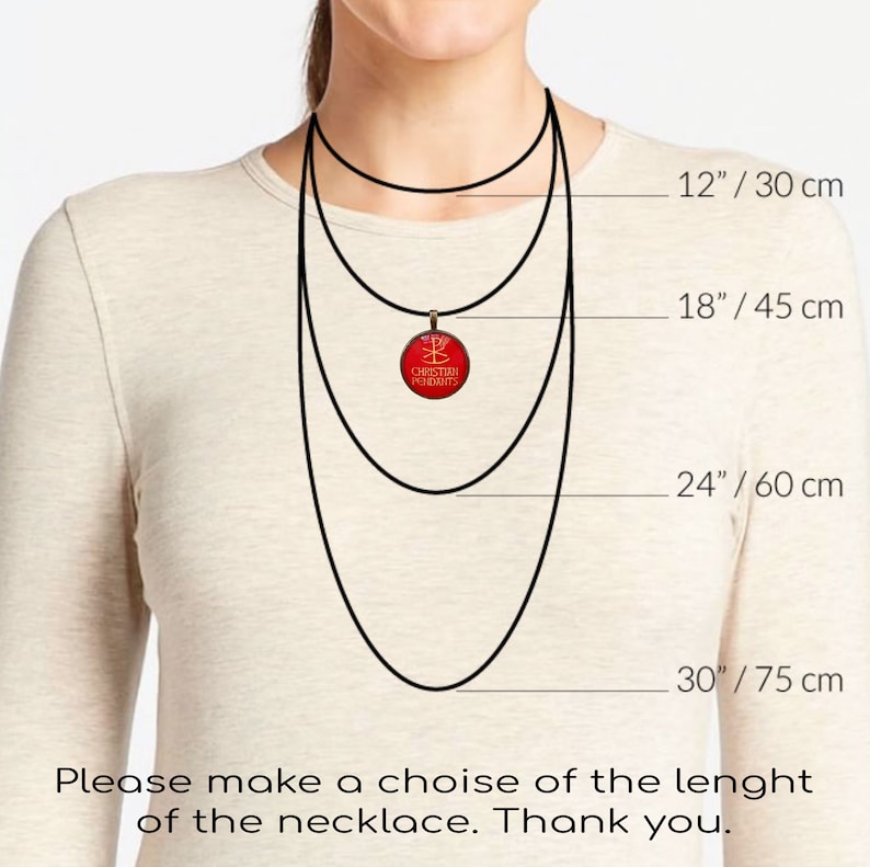 May include: A red pendant necklace with the text "CHRISTIAN PENDANTS" is shown at four different lengths: 30 cm, 45 cm, 60 cm, and 75 cm. The image includes the text: "Please make a choice of the length of the necklace. Thank you."