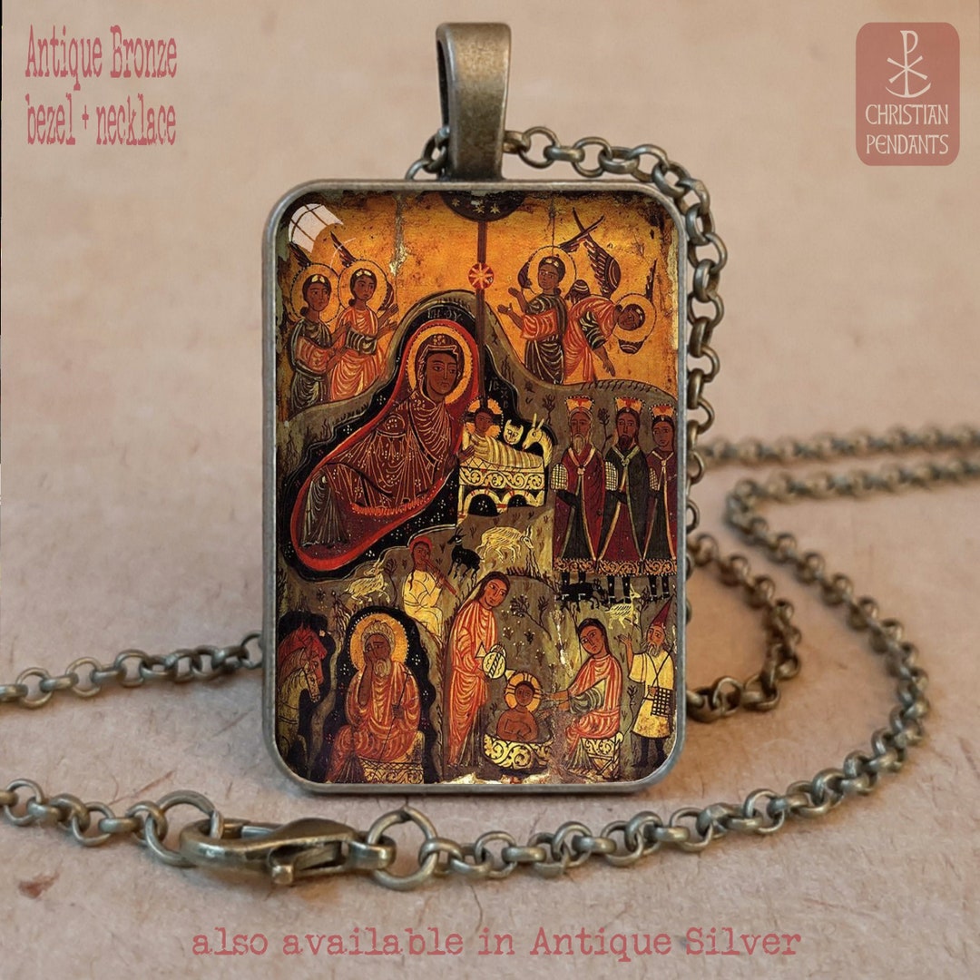 Coptic Nativity Icon Pendant Necklace or Keychain, Byzantine Nativity