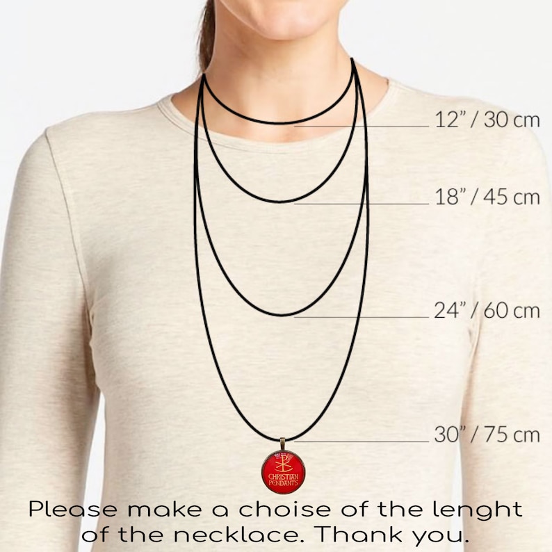 May include: A woman wearing a black necklace with a red pendant. The image shows the necklace at different lengths: 12 inches (30 cm), 18 inches (45 cm), 24 inches (60 cm), and 30 inches (75 cm). The pendant has the text "CHRISTIAN PENDANTS".