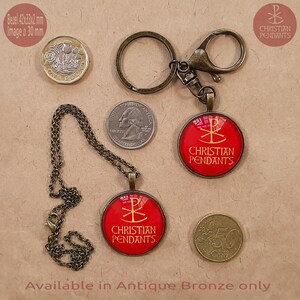 May include: Antique bronze Christian pendants, including a necklace and keychain, each with a red background and gold Chi Rho symbol. The bezel is 42x33x2 mm, and the image is 30 mm. The text "CHRISTIAN PENDANTS" is visible.