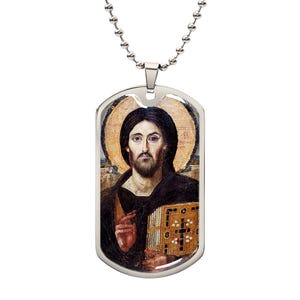 Jesus Christ Pantocrator Orthodox icon of St Catherine&#39;s monastery Mount Sinai dog tag necklace, Byzantine Christ Pantocrator Sinai