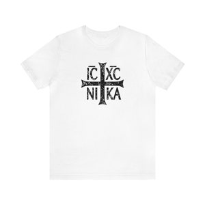 Jesus Christ Conquers, Ic Xc Nika, White Unisex Jersey Short Sleeve Tee, Christian Tshirt, Christian Tee, Christian Shirt Christian T Shirt