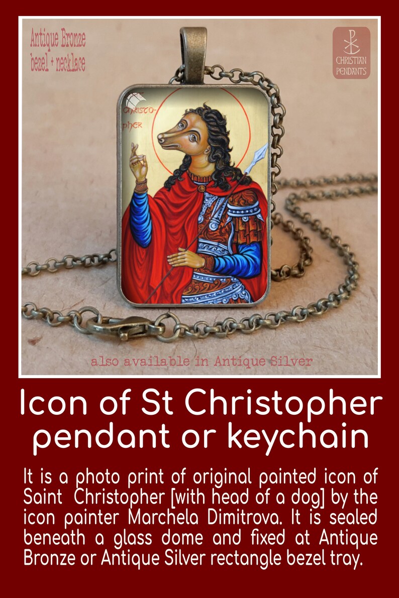 Puede incluir: Collar con colgante de bronce antiguo con un icono de San Crist&oacute;bal con cabeza de perro. El colgante rectangular est&aacute; bajo una c&uacute;pula de cristal y en una cadena. La imagen incluye el texto "Icono de San Crist&oacute;bal colgante o llavero".