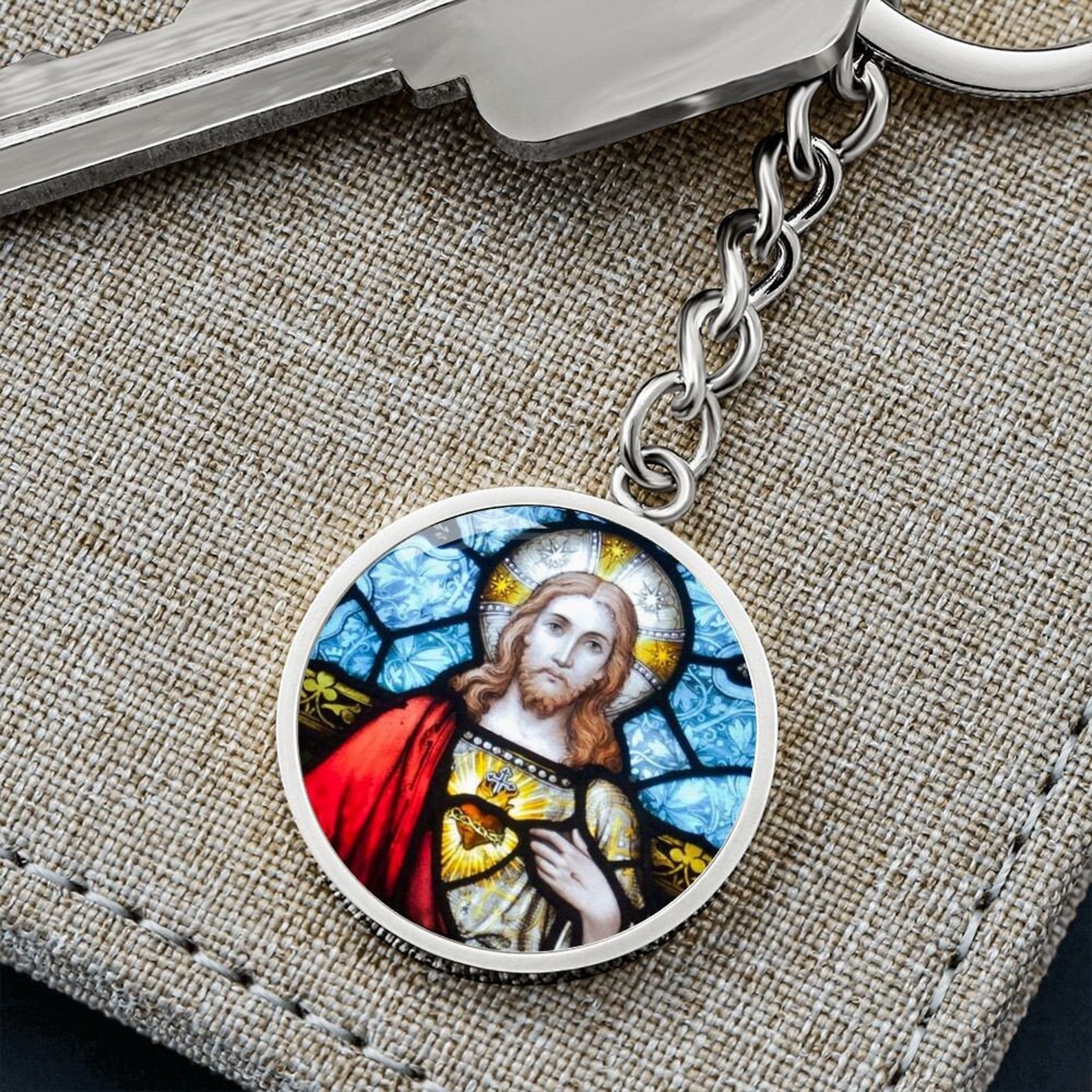 Sacred Key Chain Sacred Heart of Jesus Stained Glass Medal Keychain - Etsy