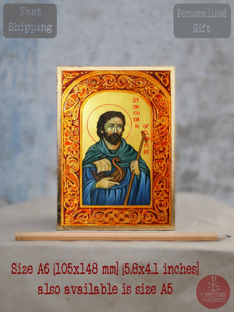 Icono ortodoxo de San Brendan el Navegante [105x148mm] 5.8x4.1 pulgadas