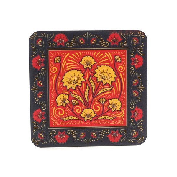 Russian Zhostovo Inspired Handmade Wooden Floral Set of Printed Coasters (6 pcs)