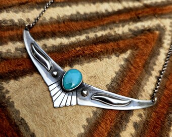 Sterling Silver Winged Armour Turquoise Bib Statement Necklace 925 Fox Turquoise