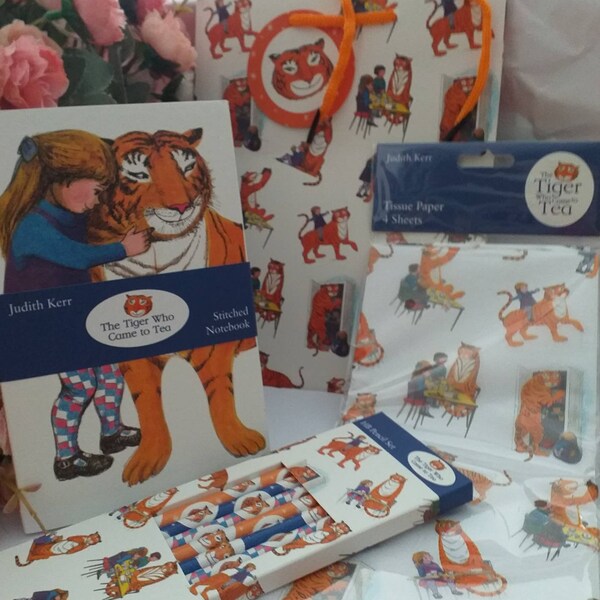 The Tiger Who Came To Tea greetings cards, note books, bookmarks, tissue and gift bags. Printed by Museums & Galleries -Judith Kerr