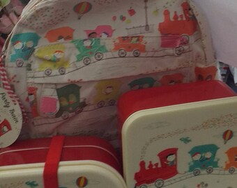 Vintage kids new backpack, lunch bag, Bento & sandwich box made from recycled plastic bottles Great style for kids and saving the planet too