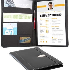 Resume Portfolio Padfolio - Genuine Bonded Leather Portfolio with Replaceable A4 Writing Pad, Document Holder, Card Holder and Pen Holder