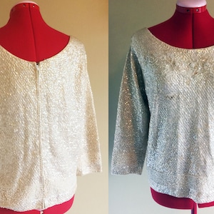 Vintage Sequined and Beaded Ivory Blouse Floral Design Full Zip Back See Full Description No Tags Sizing in Details!