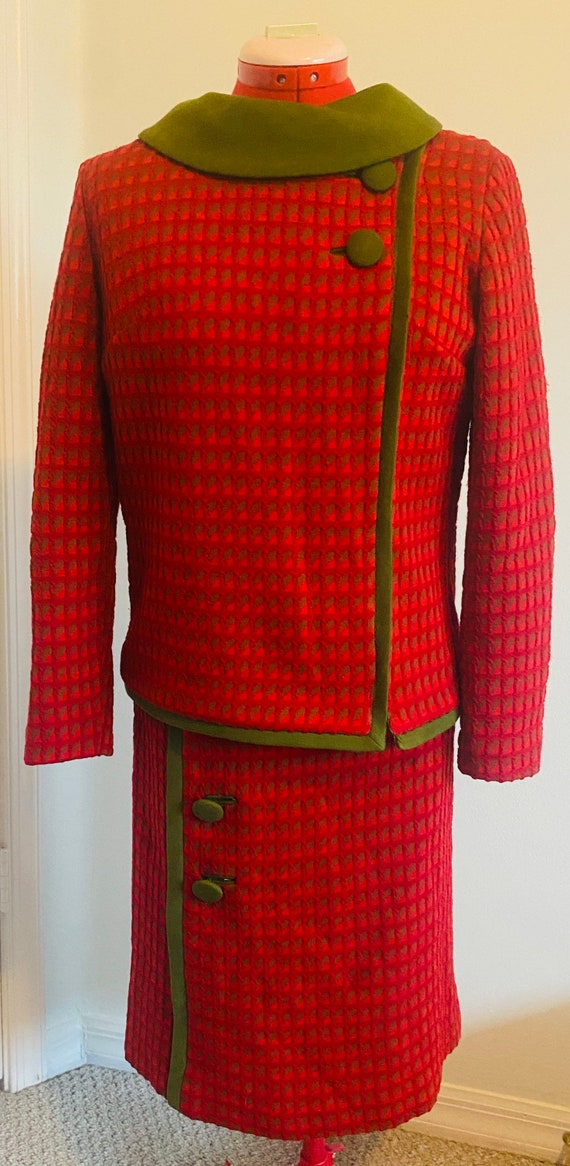 1970's Alfred Werber of St Louis Red and Green Geometric Dress & Jacket Set Mod Knit Retro Fashion