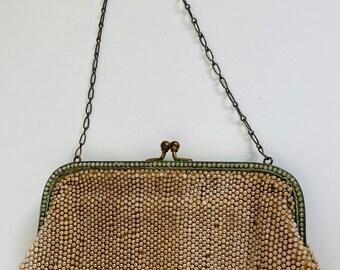 Vintage Petit Beaded Pearl Kiss Lock Purse w Metal Strap Mini Plastic Pearl Silk Lining Patina & Wear
