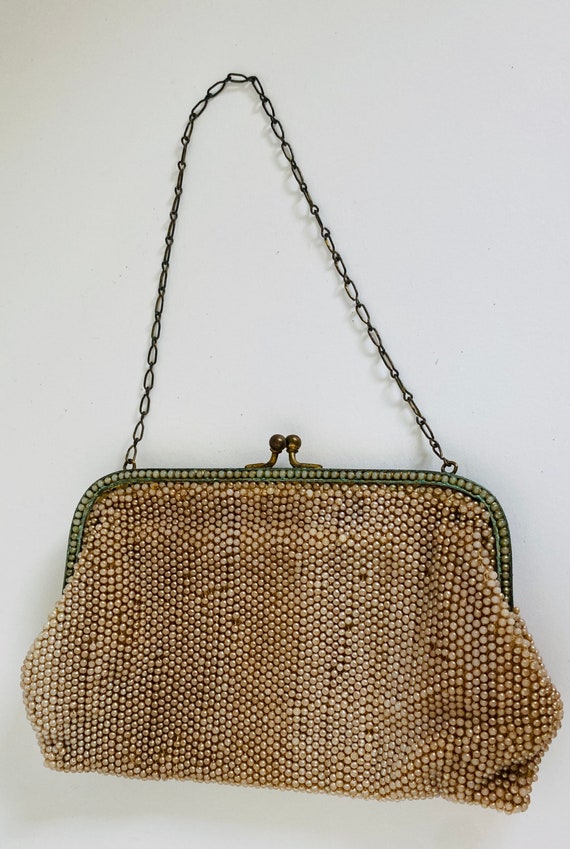 Vintage Petit Beaded Pearl Kiss Lock Purse w Metal