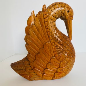 Hand Carved Wooden Swan Bird Figurine Folk Art Intricate Vintage Wood Figure