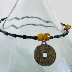 Black Beaded Choker w Glass Beads and Chinese Lucky Cash Coin Pendant Amber Color Accents