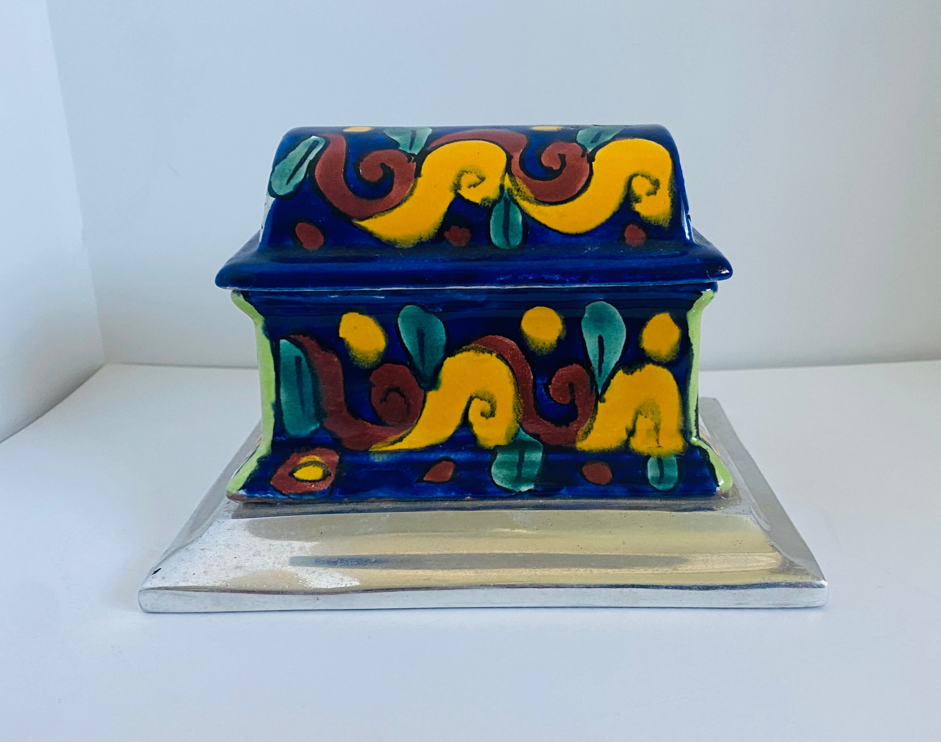 Mexican Talavera Pottery Chest / Box on Metal Base Folk Art Pottery