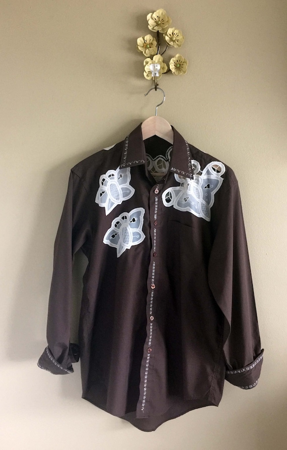 Brown Embroidered Men's Western Shirt Ivory Detail