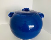 Vintage Dark Blue Bean Pot Lidded Circular Canister Round Mid Century Pottery Marked USA Fiesta